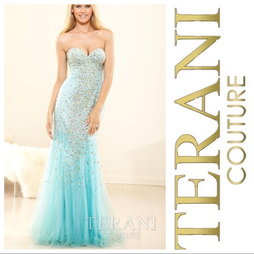 TERANI COUTURE Aqua Strapless Formal/Prom Gown